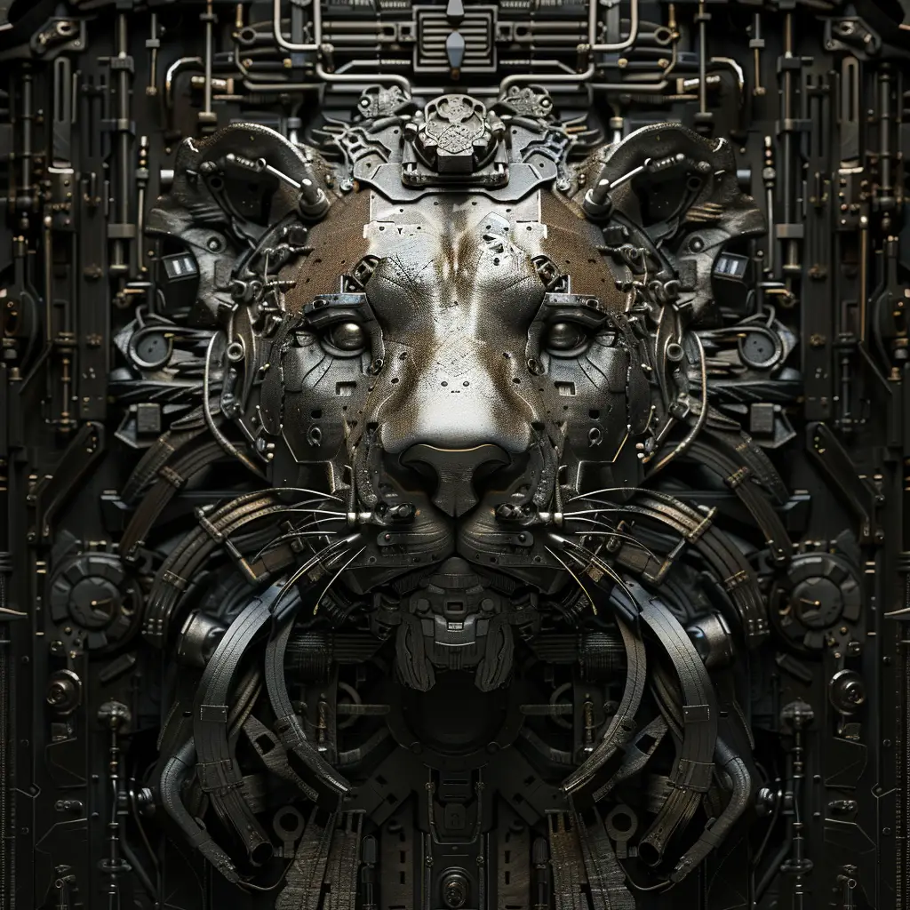 lion mechanical head 3D robotic mecha science fiction AI