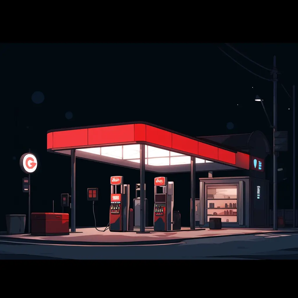 petrol gas station facade night cartoon illustration