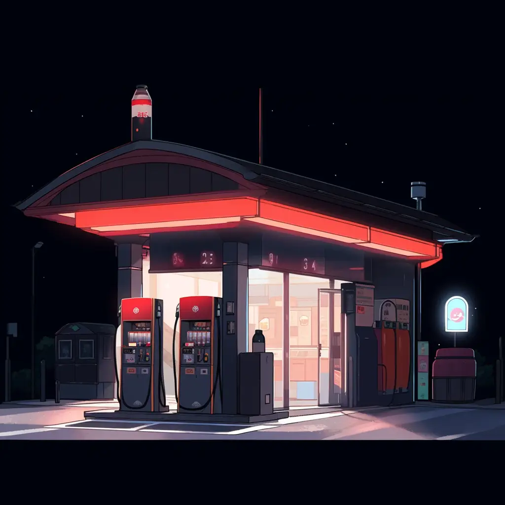 petrol gas station facade night illustration cartoon