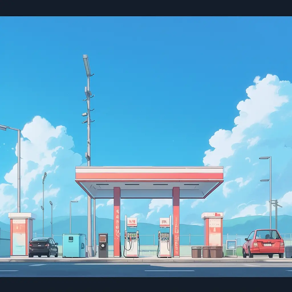 petrol gas station front facade cartoon illustration