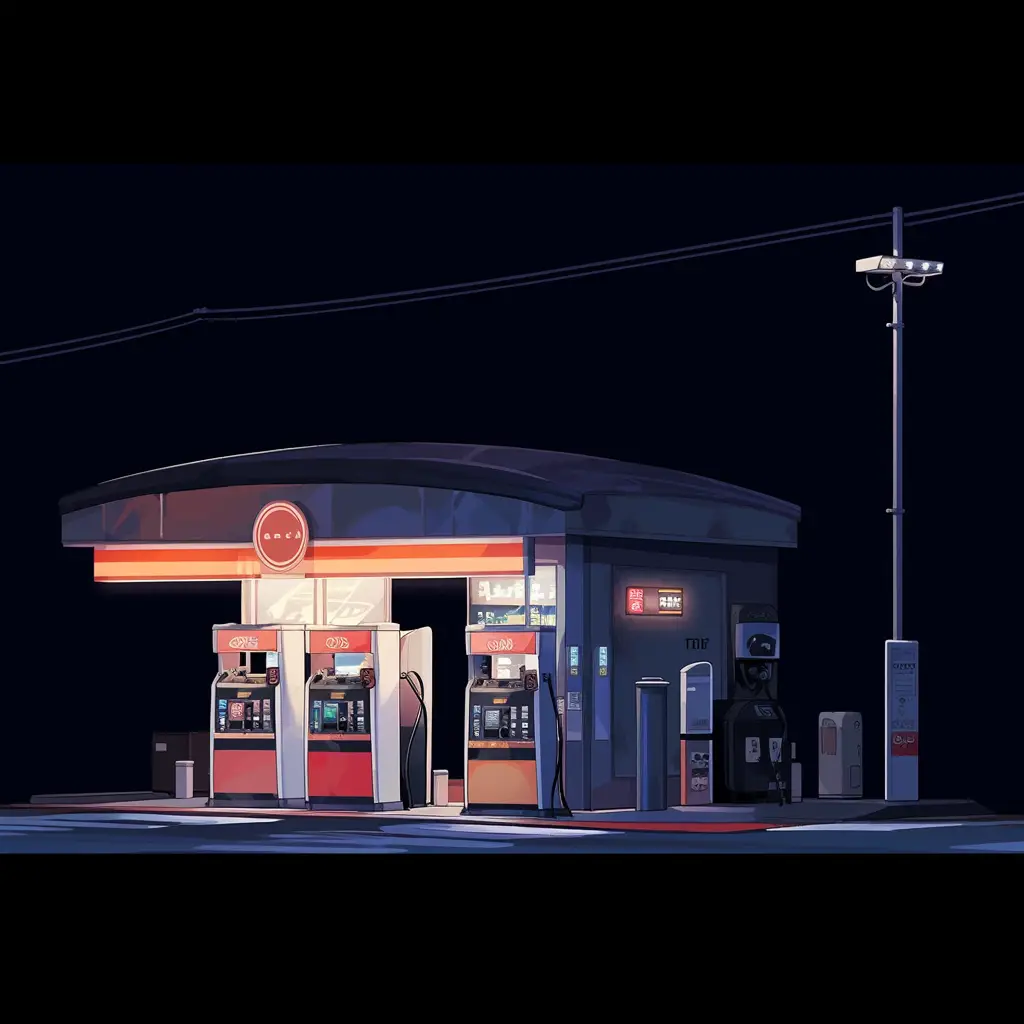petrol gas station night facade cartoon illustration