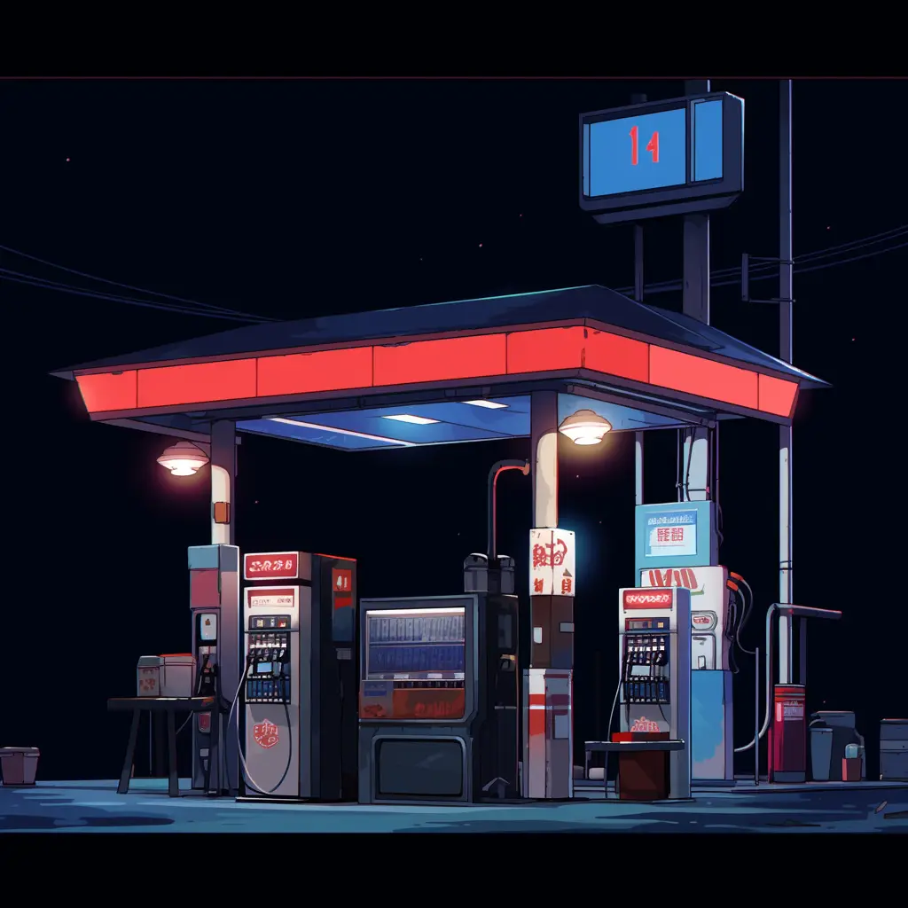 petrol gas station night facade illustration cartoon