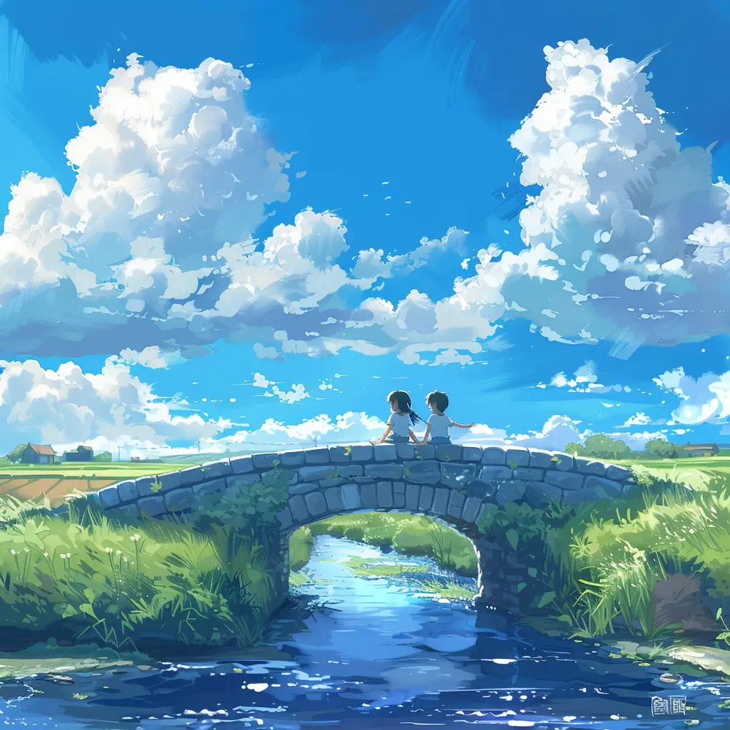 sky children stone bridge cloud field cartoon illustration