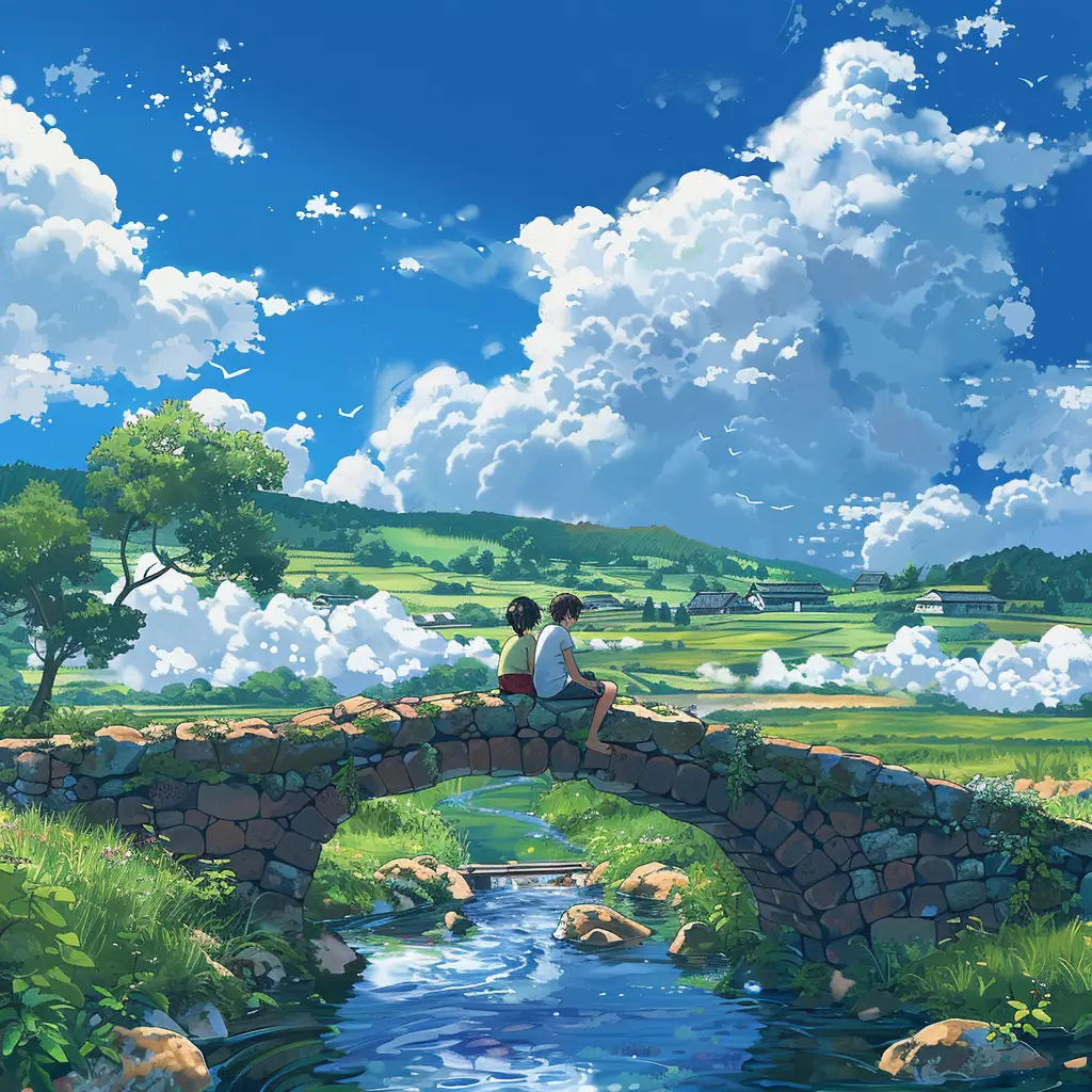 sky children stone bridge cloud field illustration cartoon
