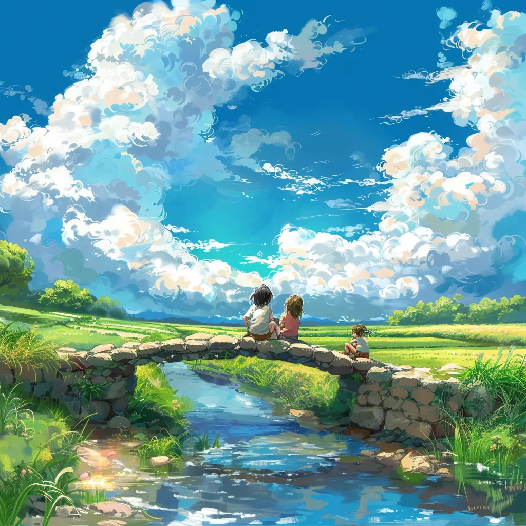 sky children stone bridge field cloud cartoon illustration