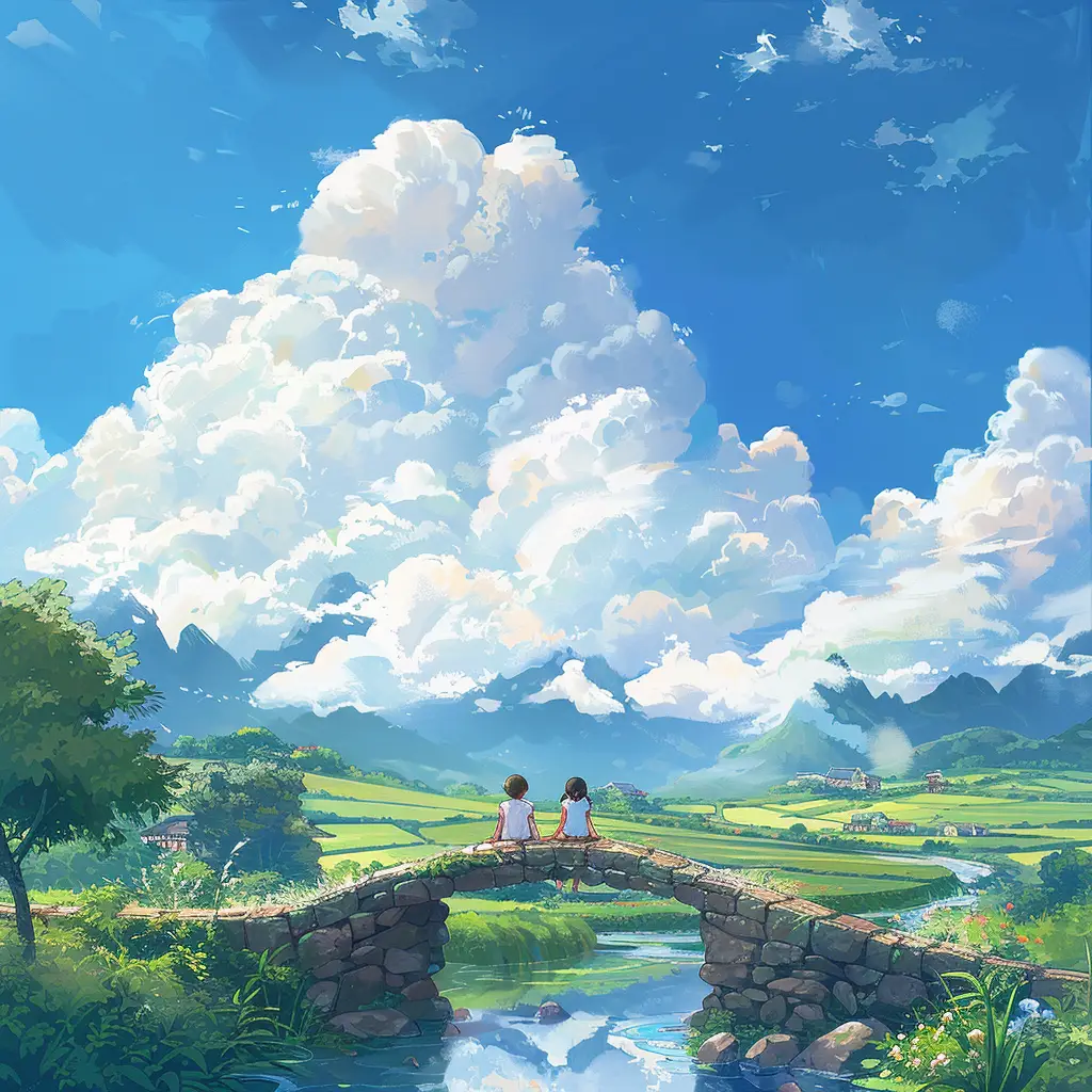 sky children stone bridge field cloud illustration cartoon