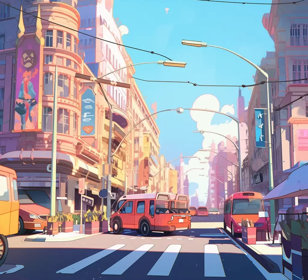 street car road building cartoon illustration