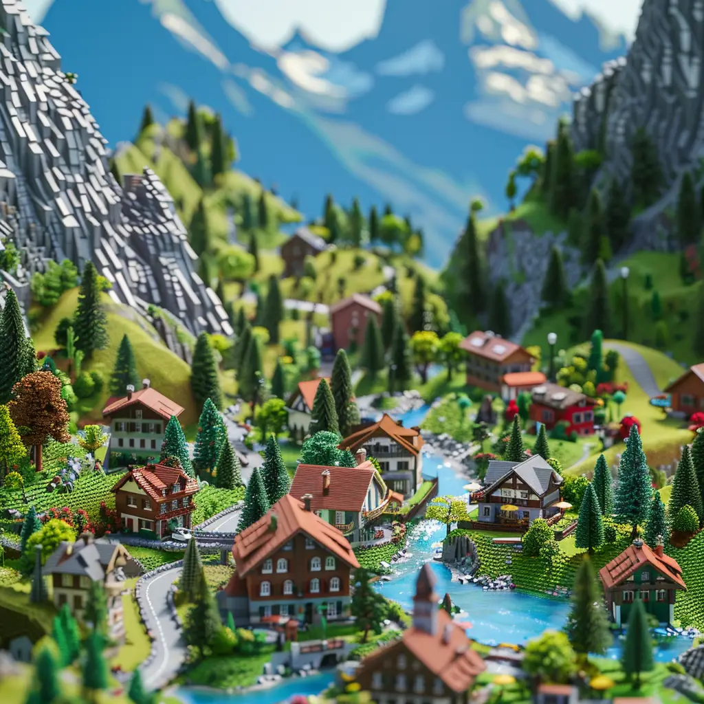 village house mountain assembled 3D lego model scene