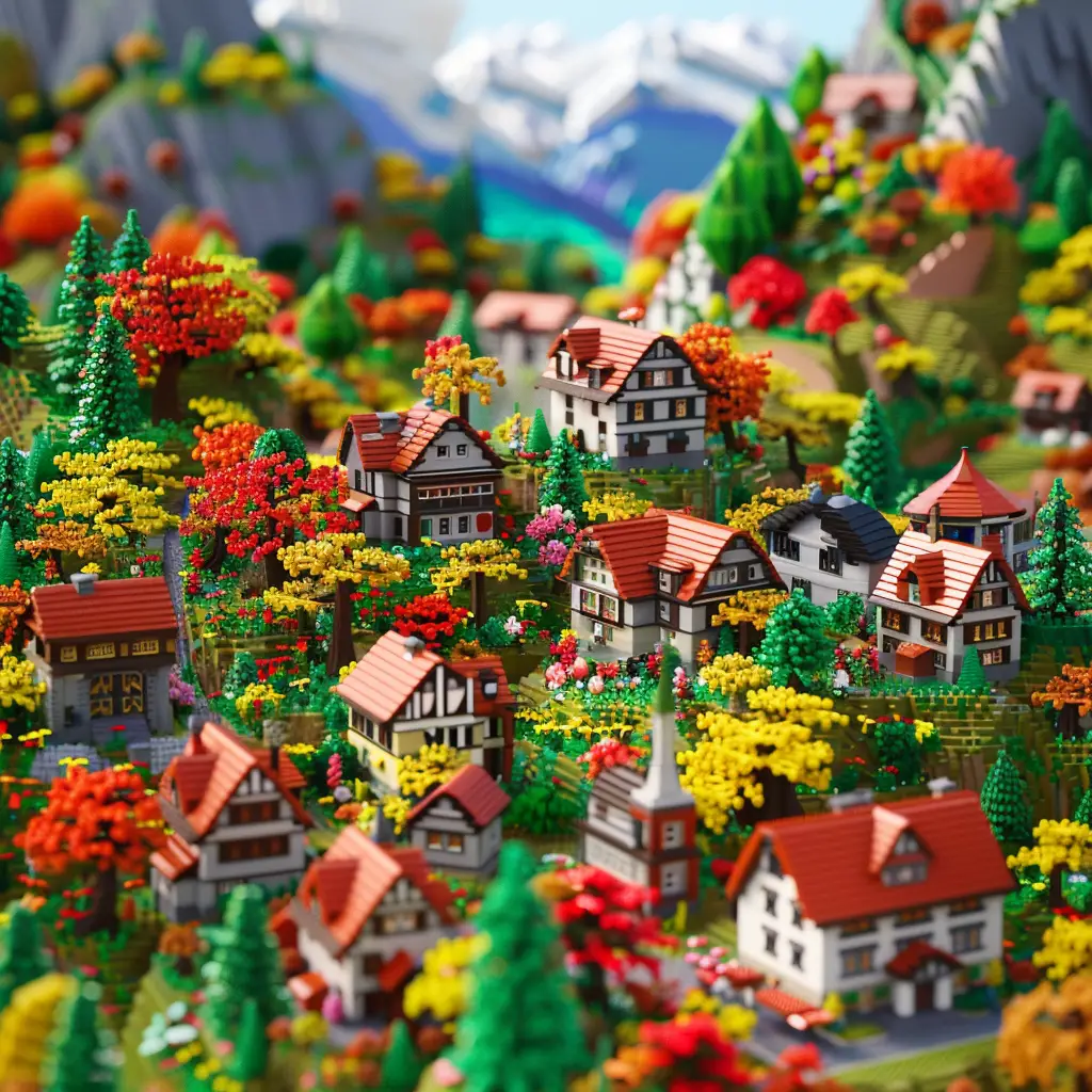 village house mountain assembled 3D lego scene model