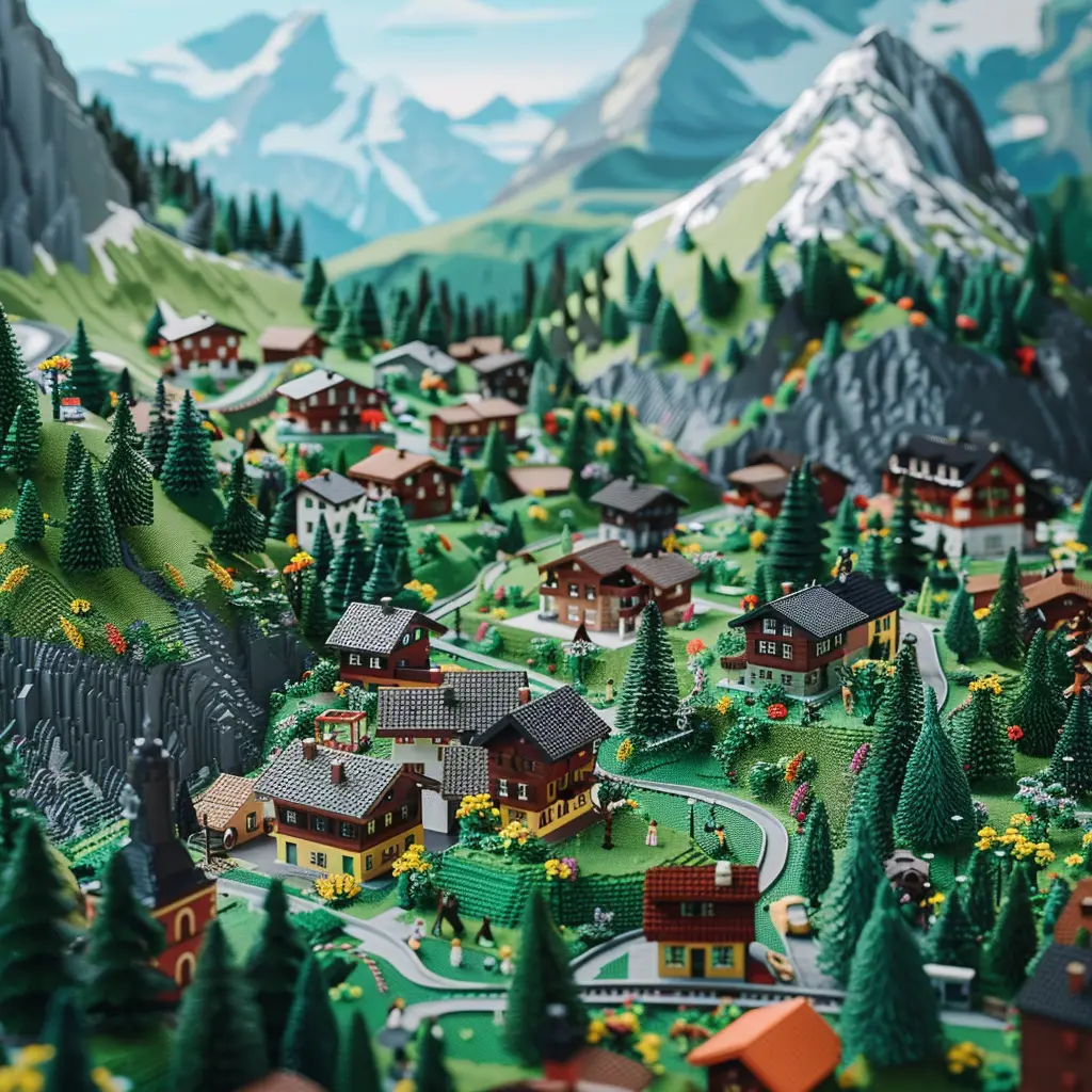 village house mountain assembled lego 3D model scene