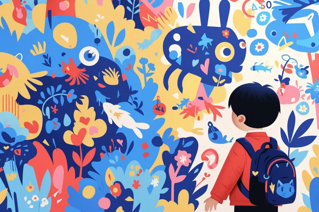 boy walk walking into a room colorful art painting illustration