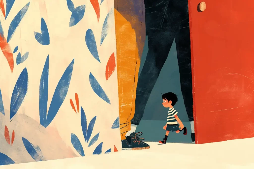 boy walk walking into a room colorful illustration painting art