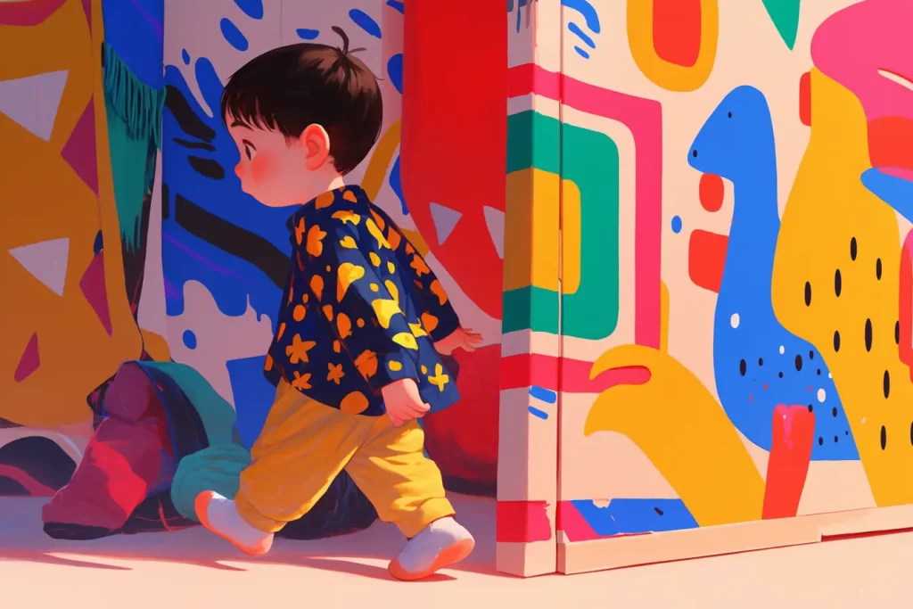 boy walk walking into a room colorful painting illustration art