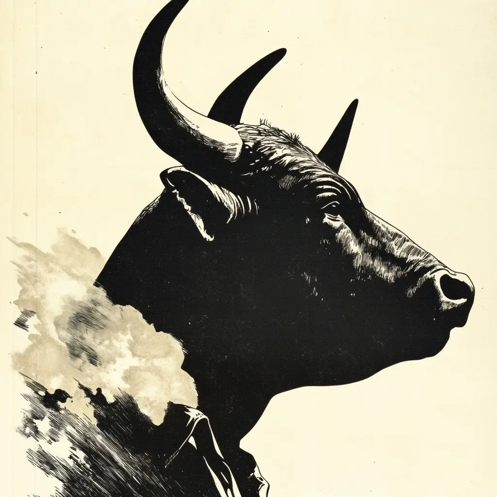 bull head black and white print woodblock woodcut