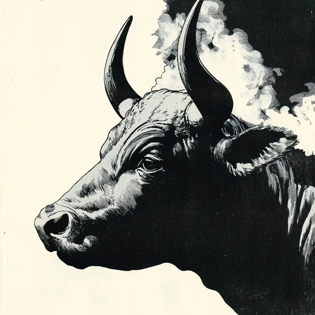 bull head black and white print woodcut woodblock