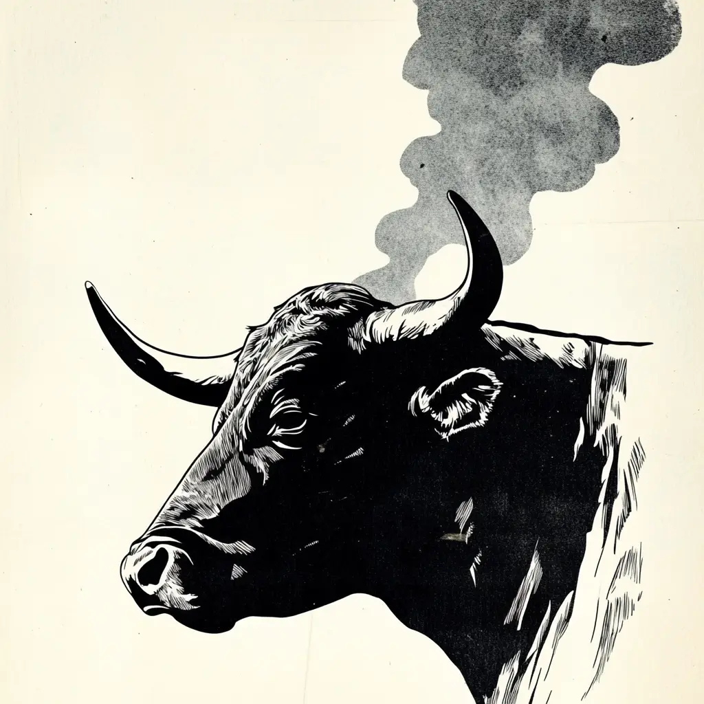 bull head black and white woodcut print woodblock