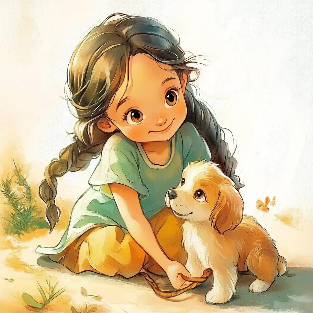 girl dog puppy children 3D kids lovely cute cartoon illustration drawing