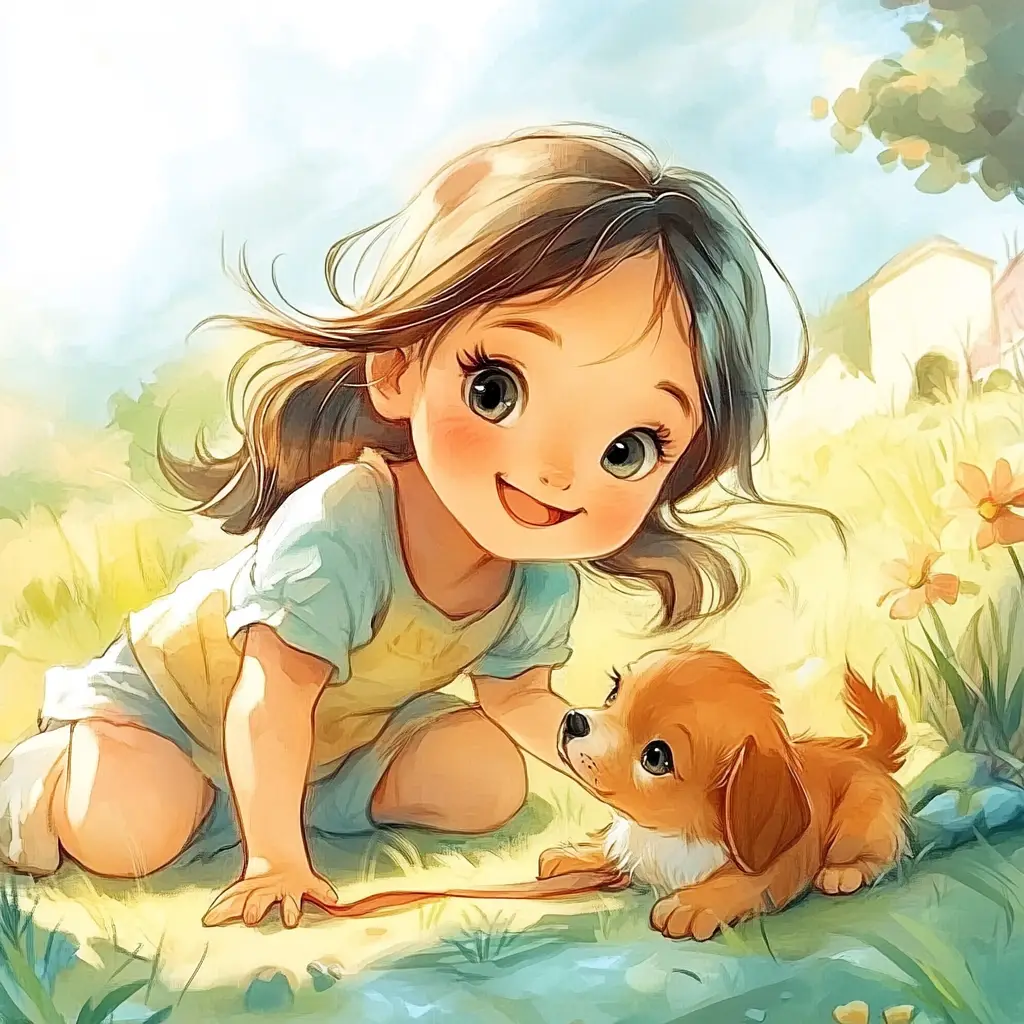 girl dog puppy kids children 3D lovely cute cartoon illustration drawing