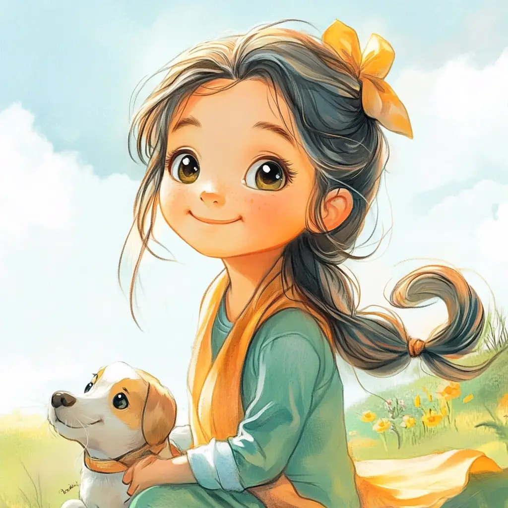 girl dog puppy kids children cute 3D lovely drawing cartoon illustration