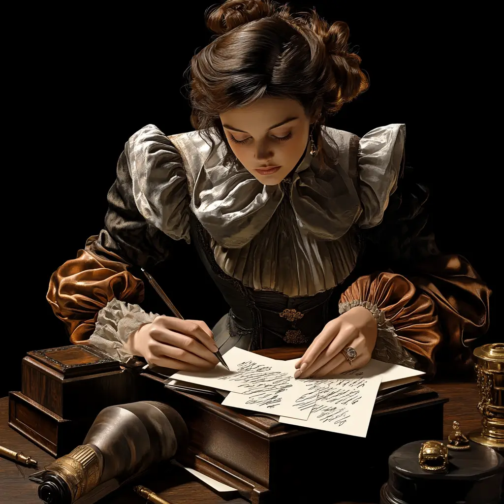 woman lady sit write black cinema still oil painting photography