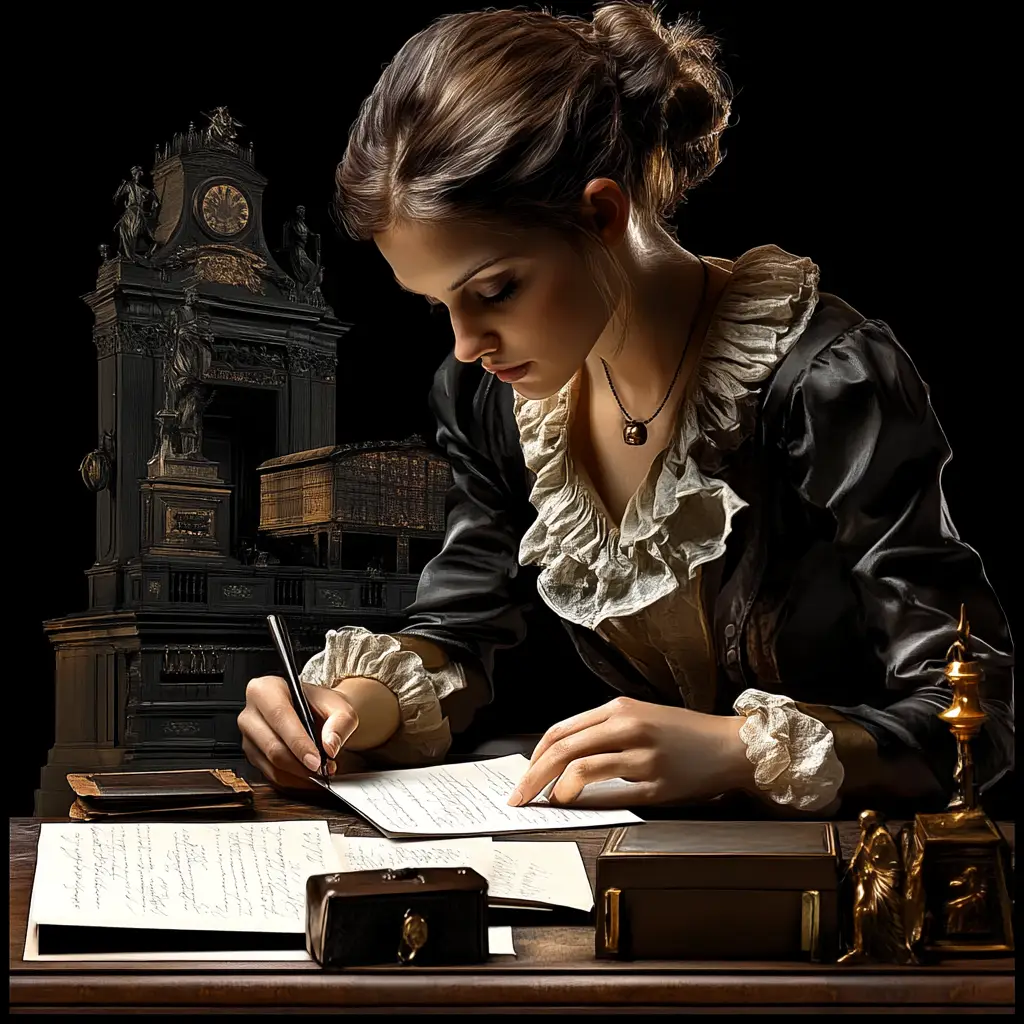 woman lady sit write black cinema still photography oil painting