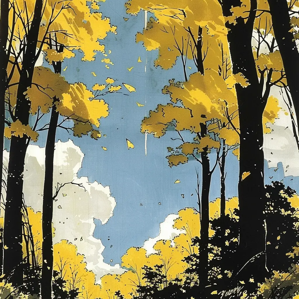 yellow autumn tree cloud sky print woodcut woodblock