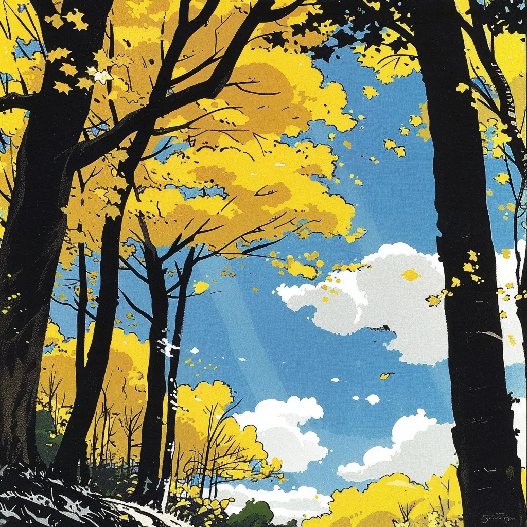 yellow autumn tree cloud sky woodcut print woodblock