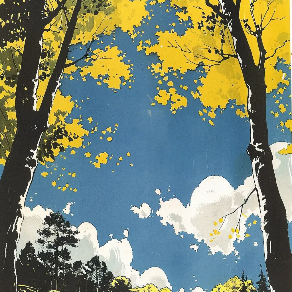 yellow autumn tree sky cloud print woodcut woodblock