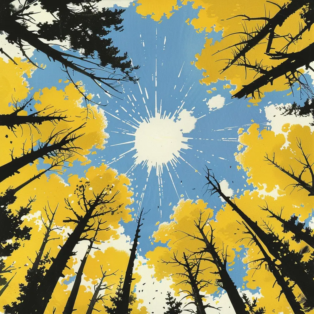yellow autumn tree sky cloud woodcut print woodblock