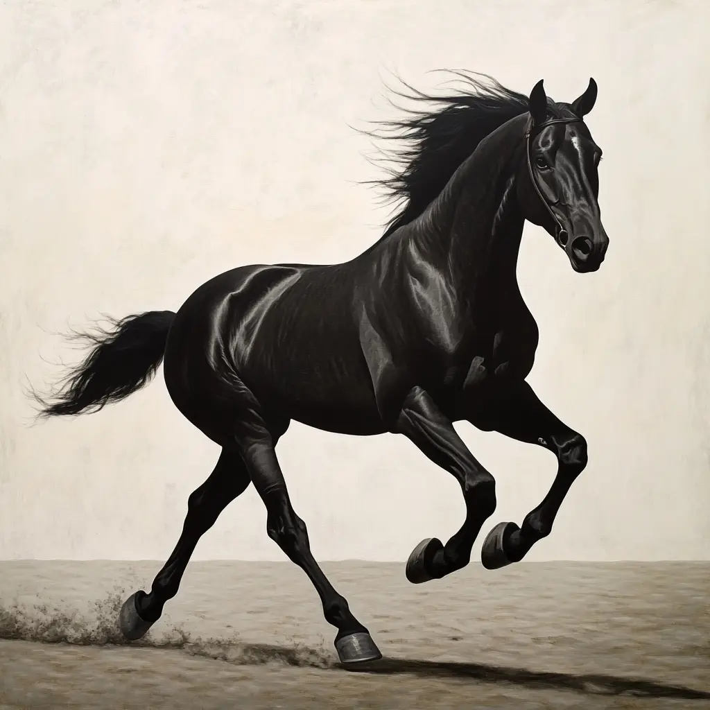 black horse running detail sketch photography oil painting