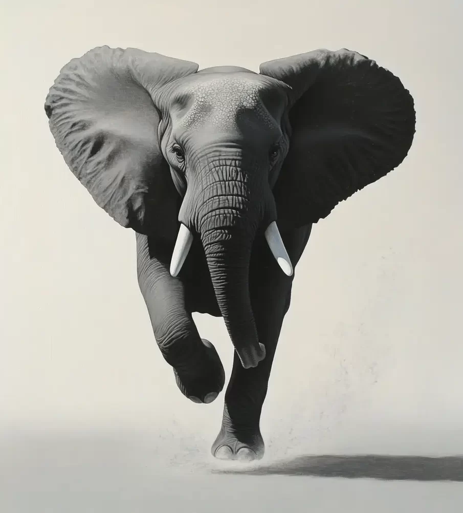grey elephant running detail sketch oil painting photography