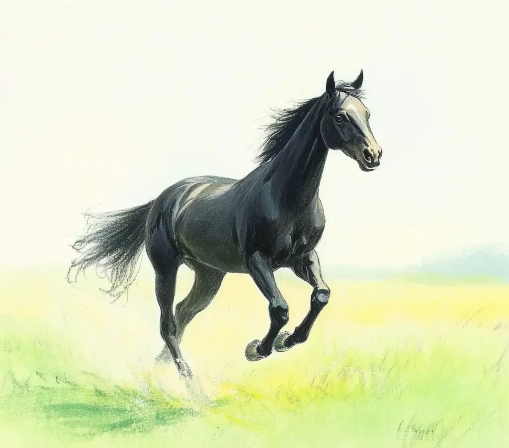horse running meadow grassland painting pencil drawing sketch