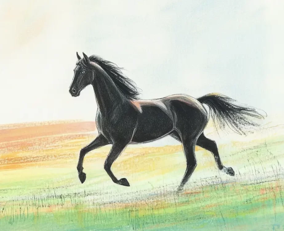 horse running meadow grassland painting pencil sketch drawing