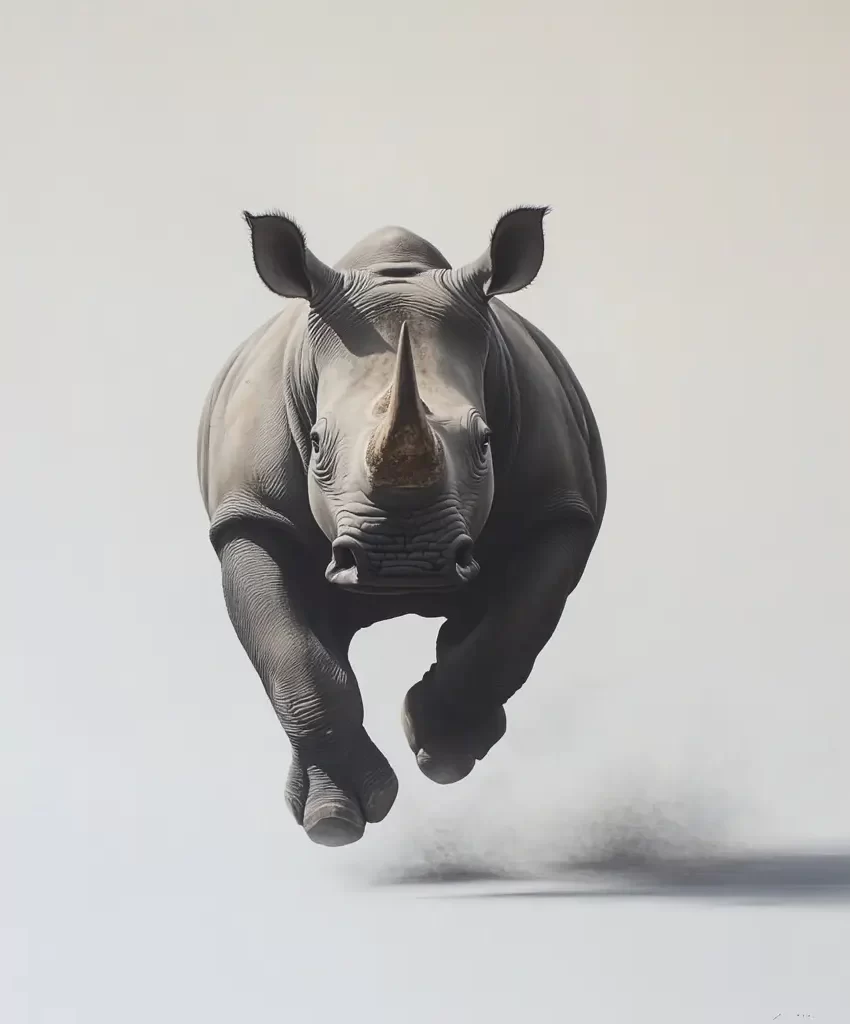 rhinoceros front running detail sketch photography oil painting