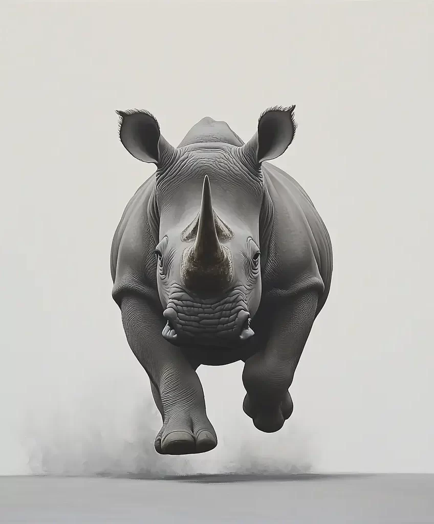rhinoceros front running sketch detail photography oil painting
