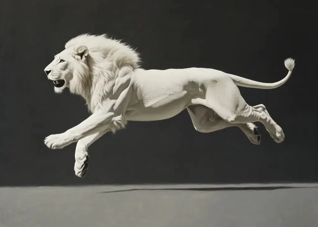 white lion jump running detail sketch oil painting photography