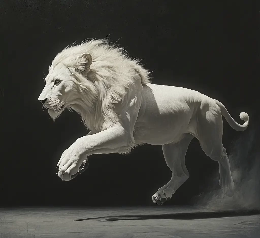 white lion jump running sketch detail oil painting photography