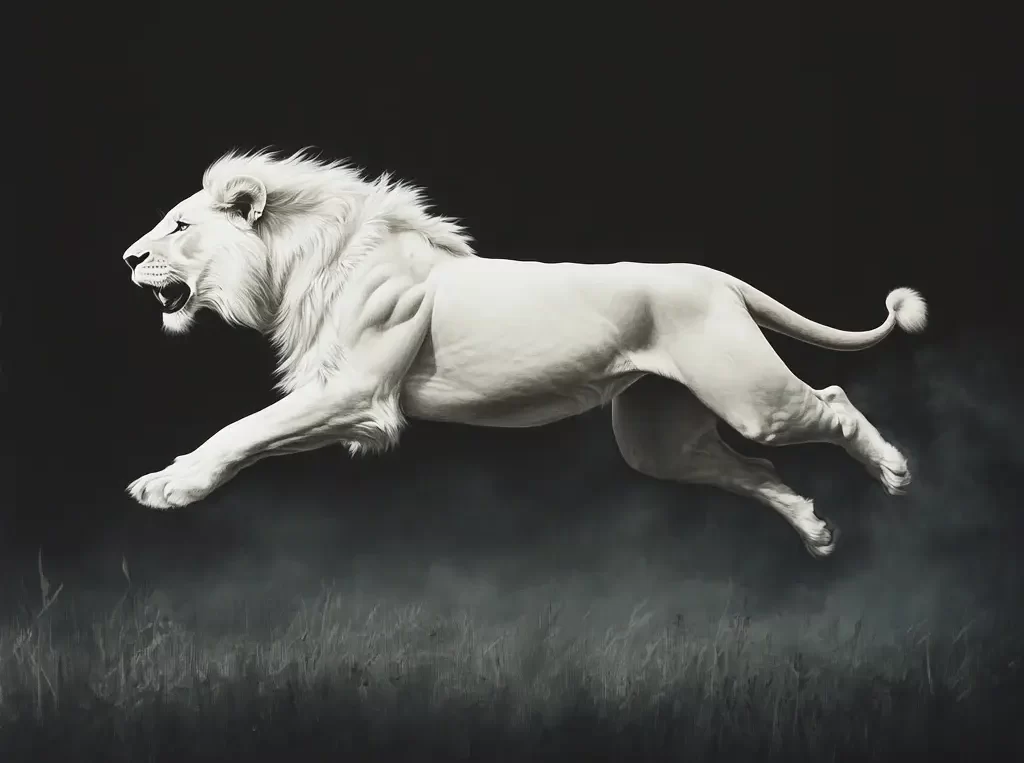white lion jump running sketch detail photography oil painting