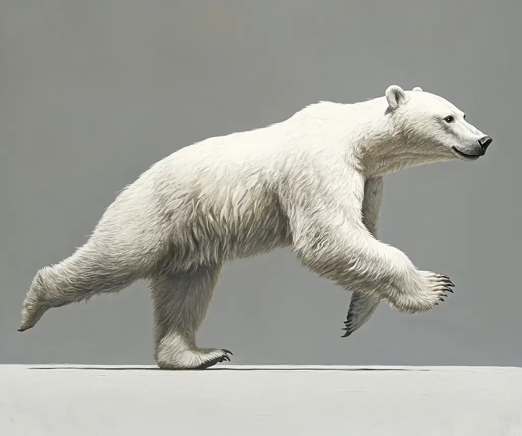 white polar bear side running sketch detail oil painting photography