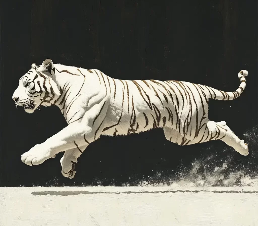white tiger jump running sketch detail oil painting photography