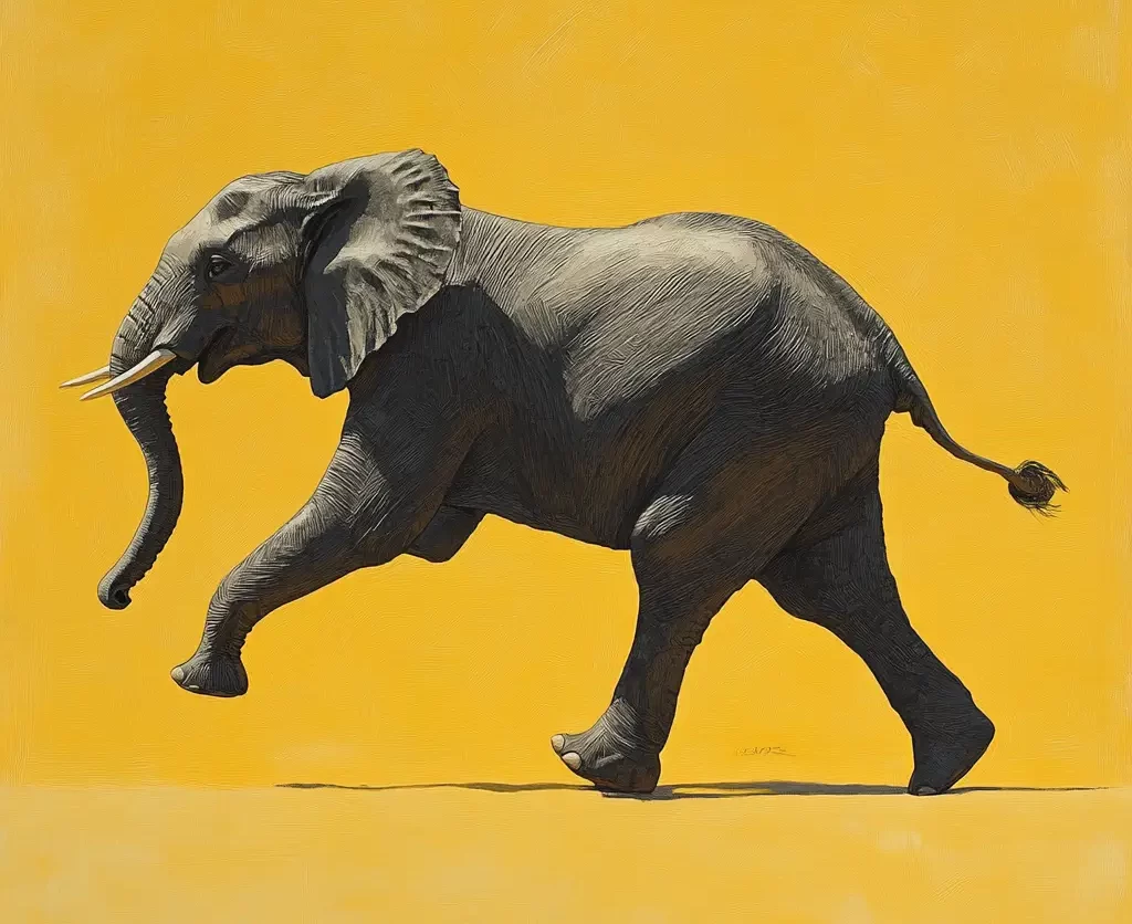 yellow elephant running detail sketch photography oil painting