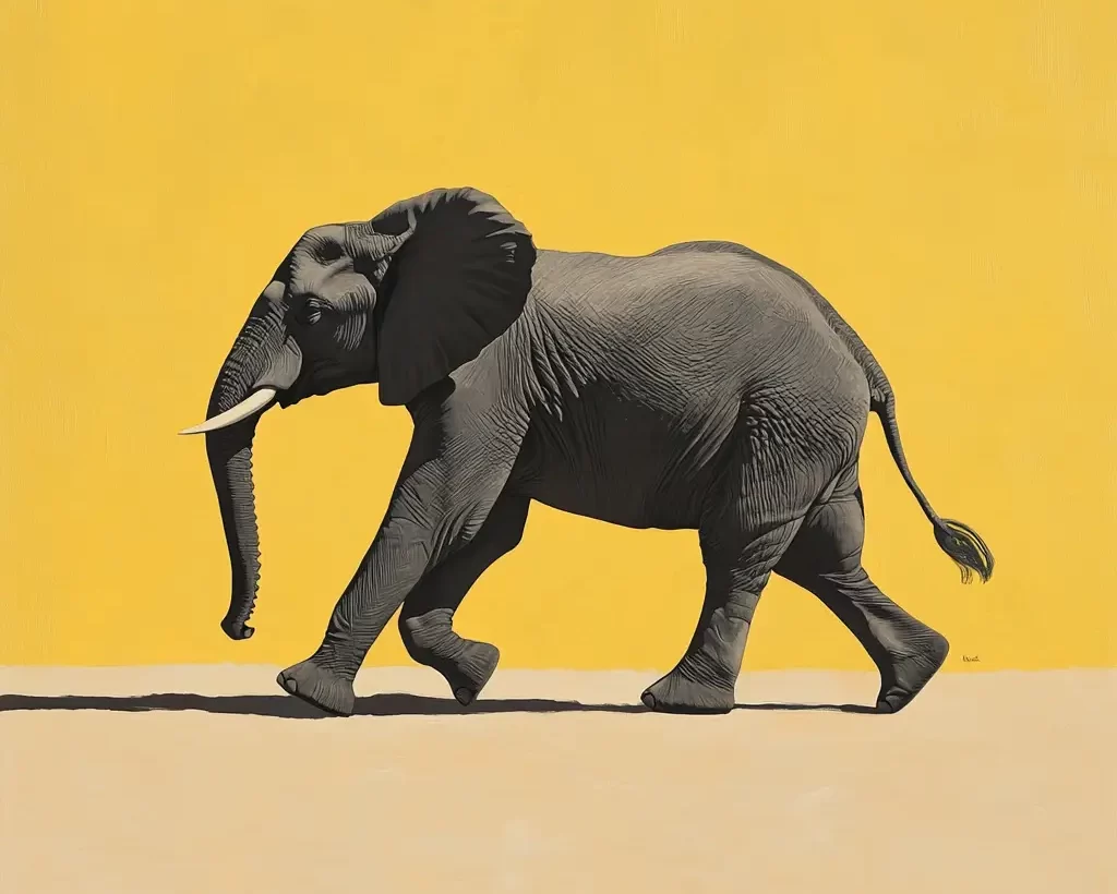 yellow elephant running sketch detail oil painting photography