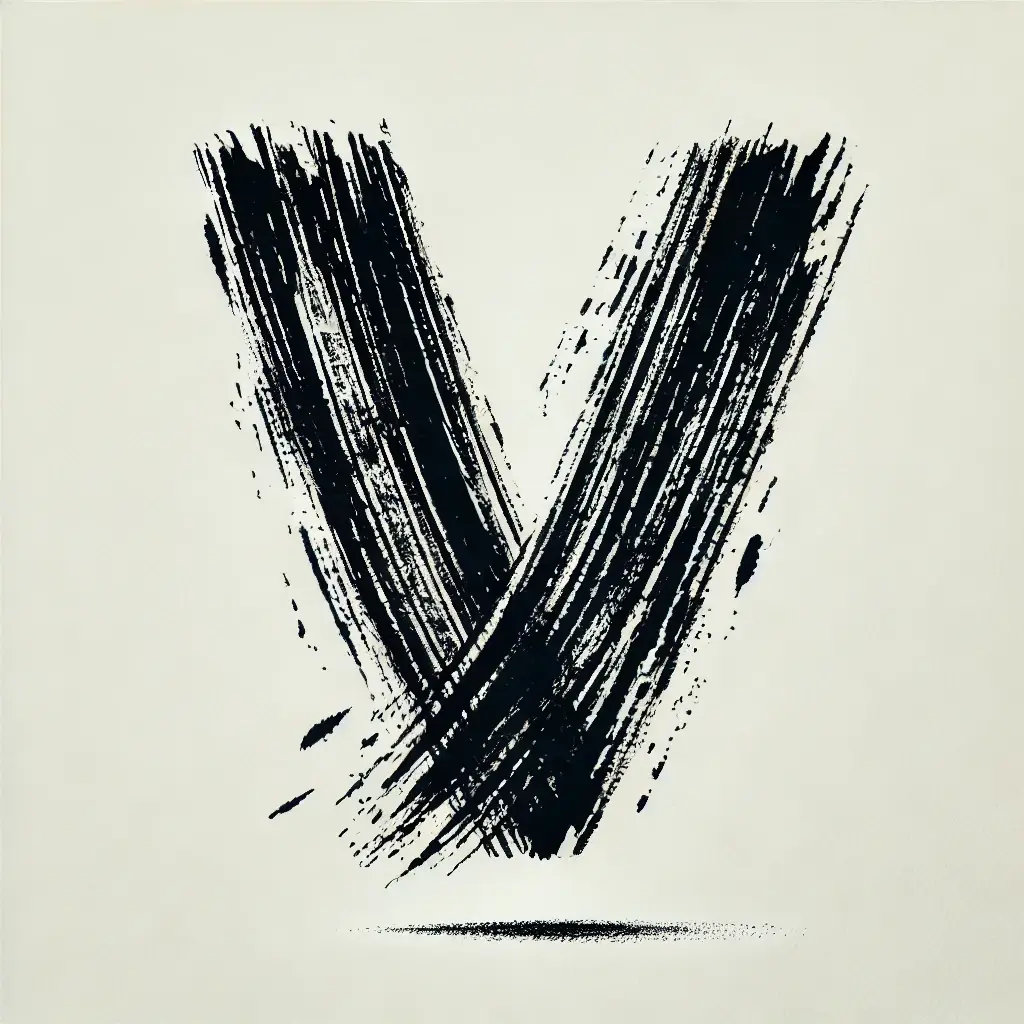 V letter Chinese brush stroke black ink hand drawing vector