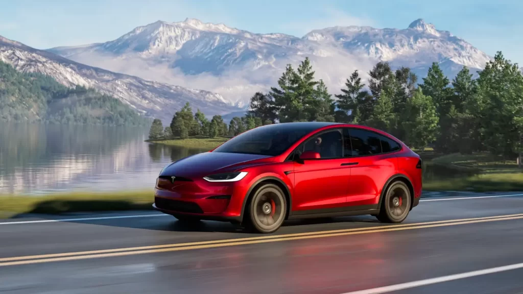 red tesla model X car motion driving