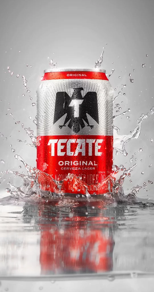 tecate original can red beer water spray