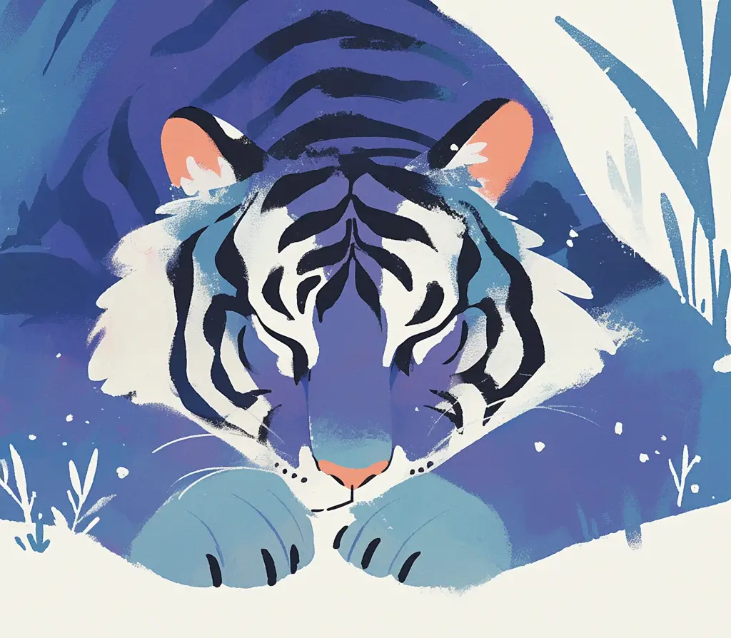 tiger sleep illustration blue painting brushwork