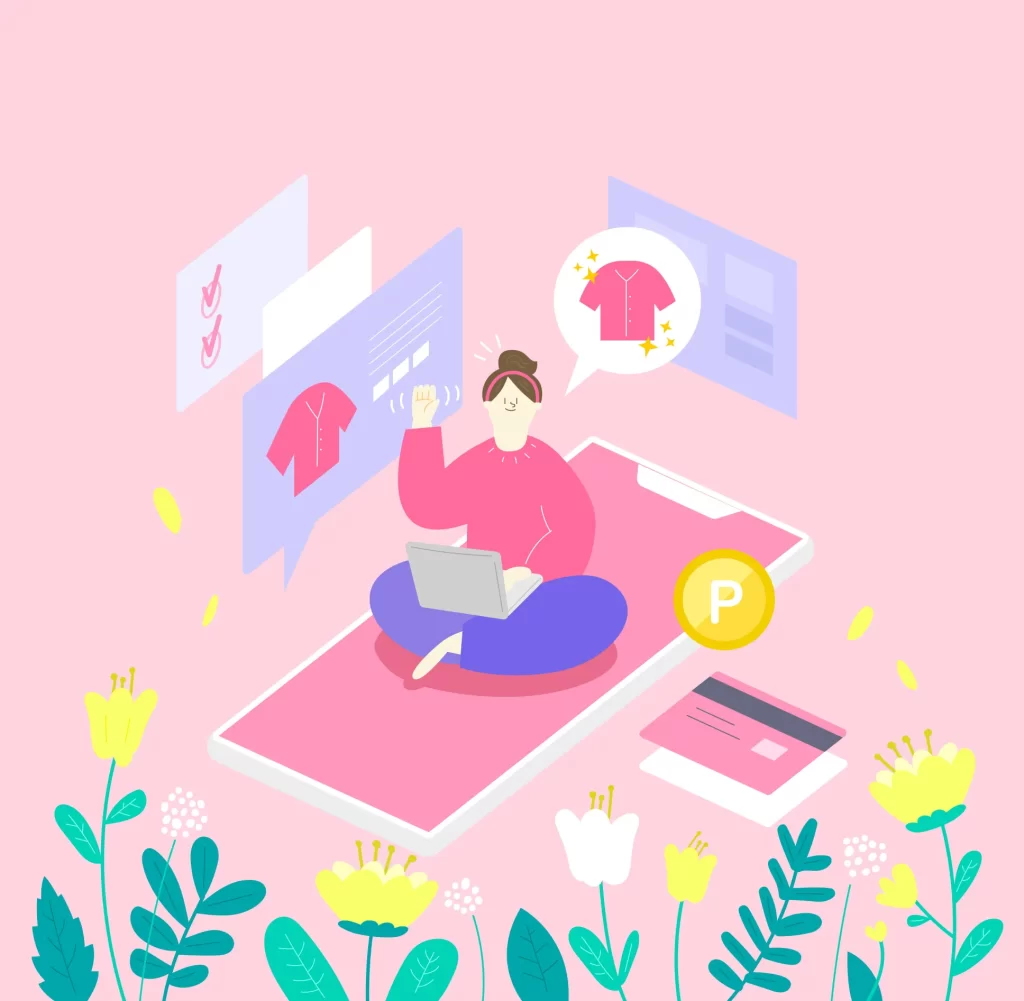 girl flower E-commerce shopping vector illustration