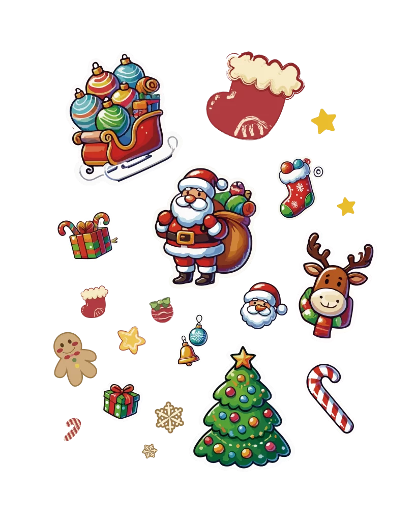 Christmas tree Santa Claus deer sock bell gift box vector illustration