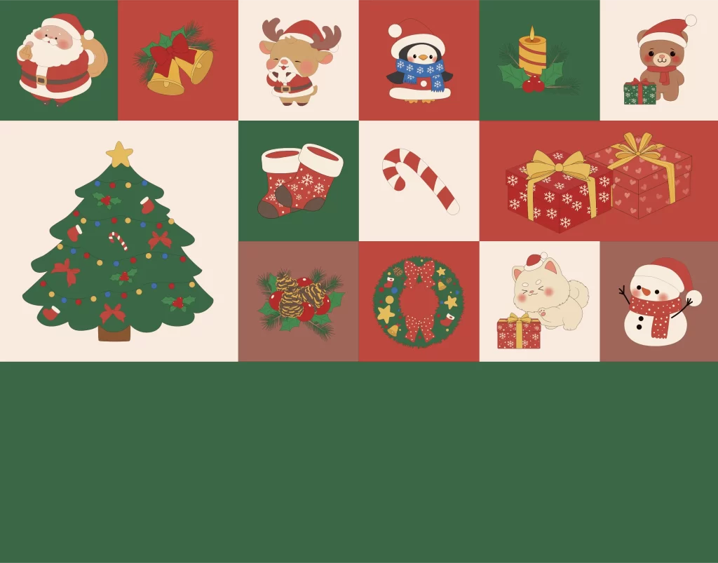 Christmas tree gift box snowman Santa Claus sock deer vector illustration