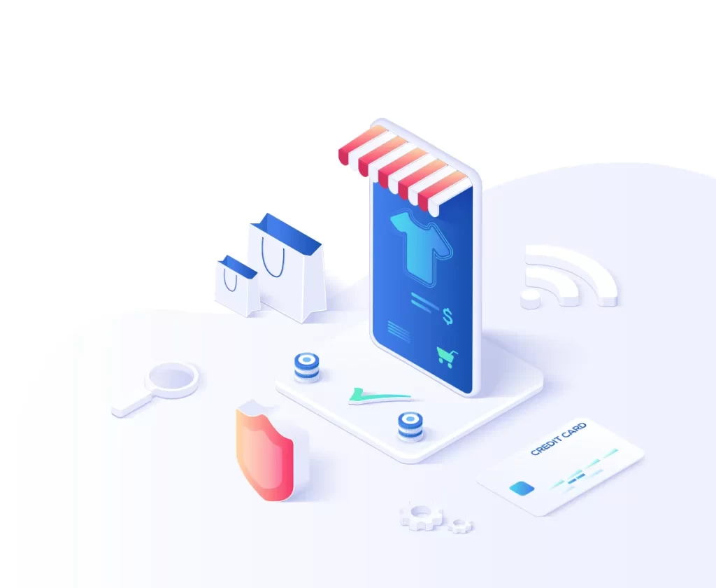 e-commerce shopping bag credit card WIFI vector illustration